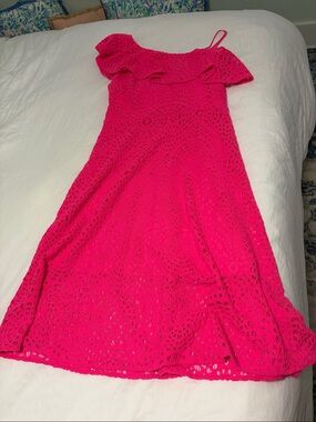 Lilly Pulitzer Hot Pink Eyelet One-Shoulder Ruffle Dress